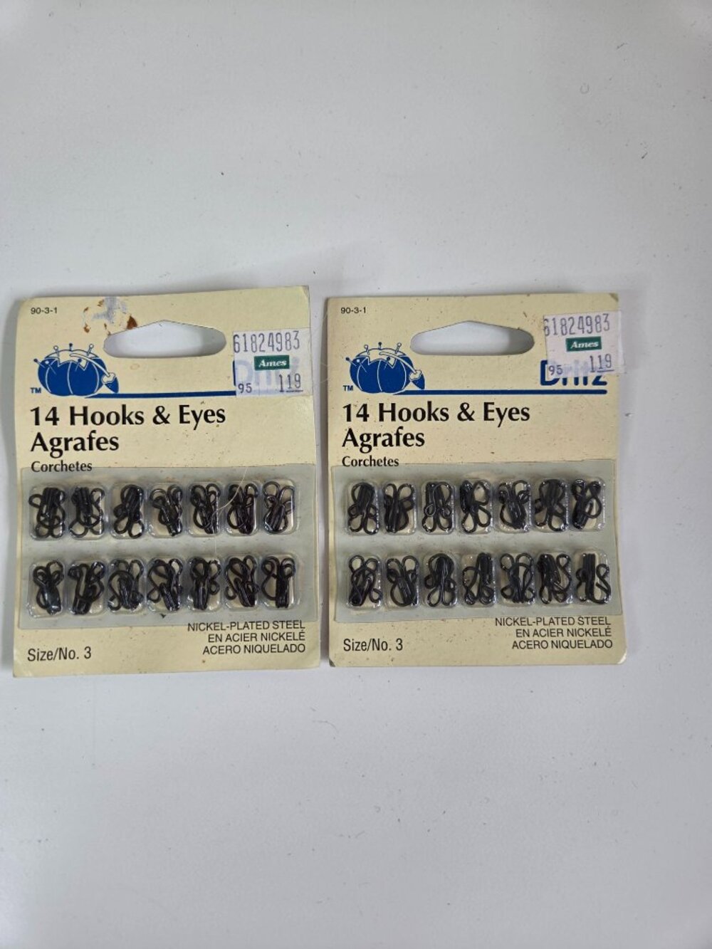 Vtg Prym-Dritz Nickel-Plated Steel Lot of 2 Hook & Eye Sets Size 3 Y2K Packaging